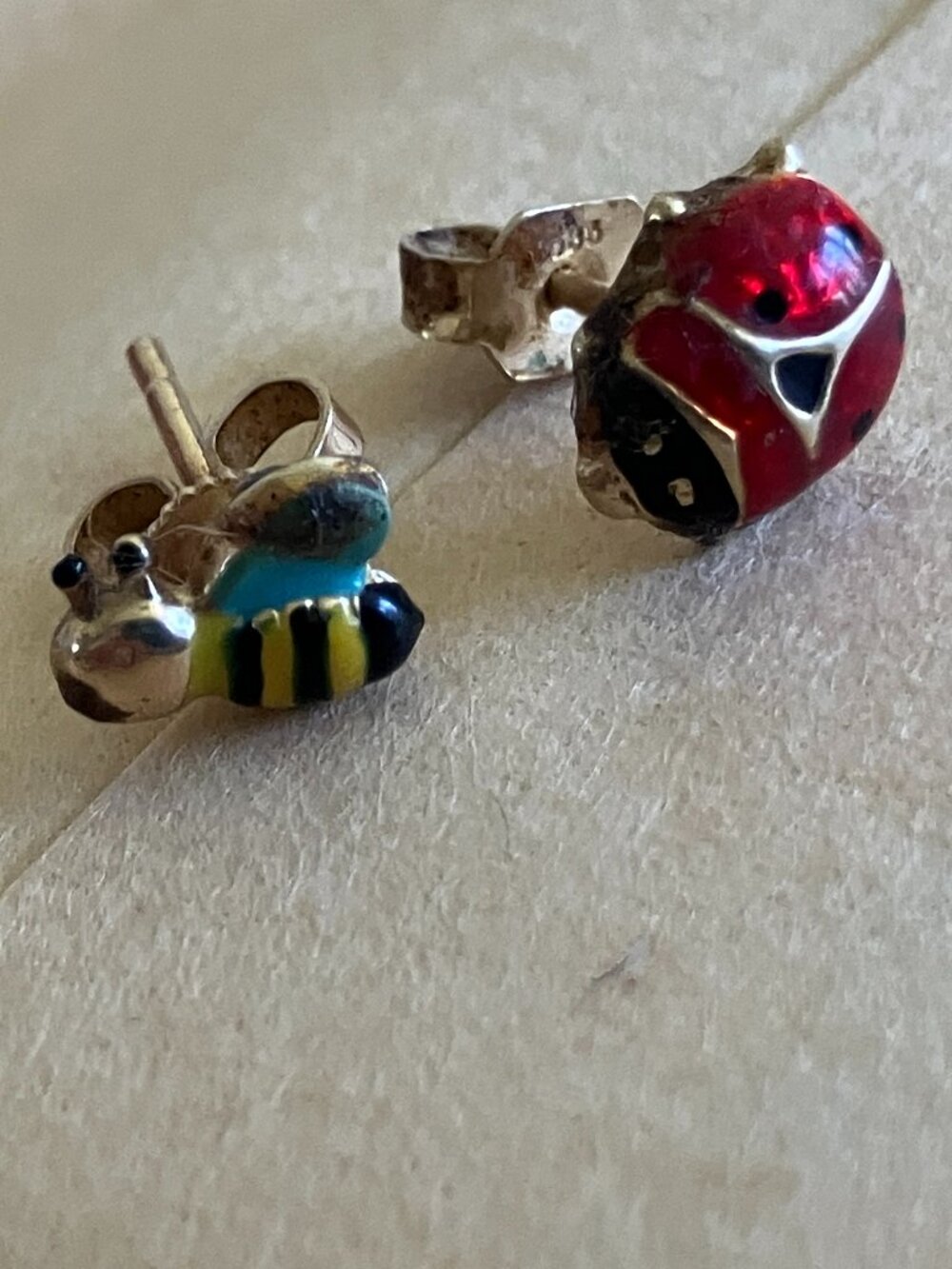 Vintage 14K Gold Italian Ladybug & Enamel Bee Mismatched Studs - Signed